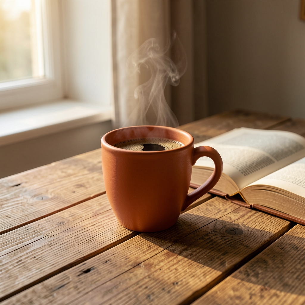 Taza de cerámica color terracota con café recién preparado sobre mesa de madera rústica natural, libro abierto al lado, luz de ventana lateral suave y cálida iluminando la escena, ambiente hogareño y tranquilo