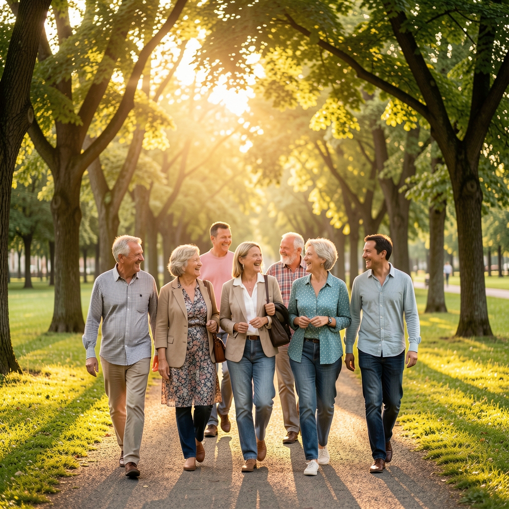 Grupo de personas de mediana edad caminando juntas en un parque arbolado con luz solar cálida de la tarde filtrándose entre los árboles, sonriendo y conversando animadamente en un ambiente natural