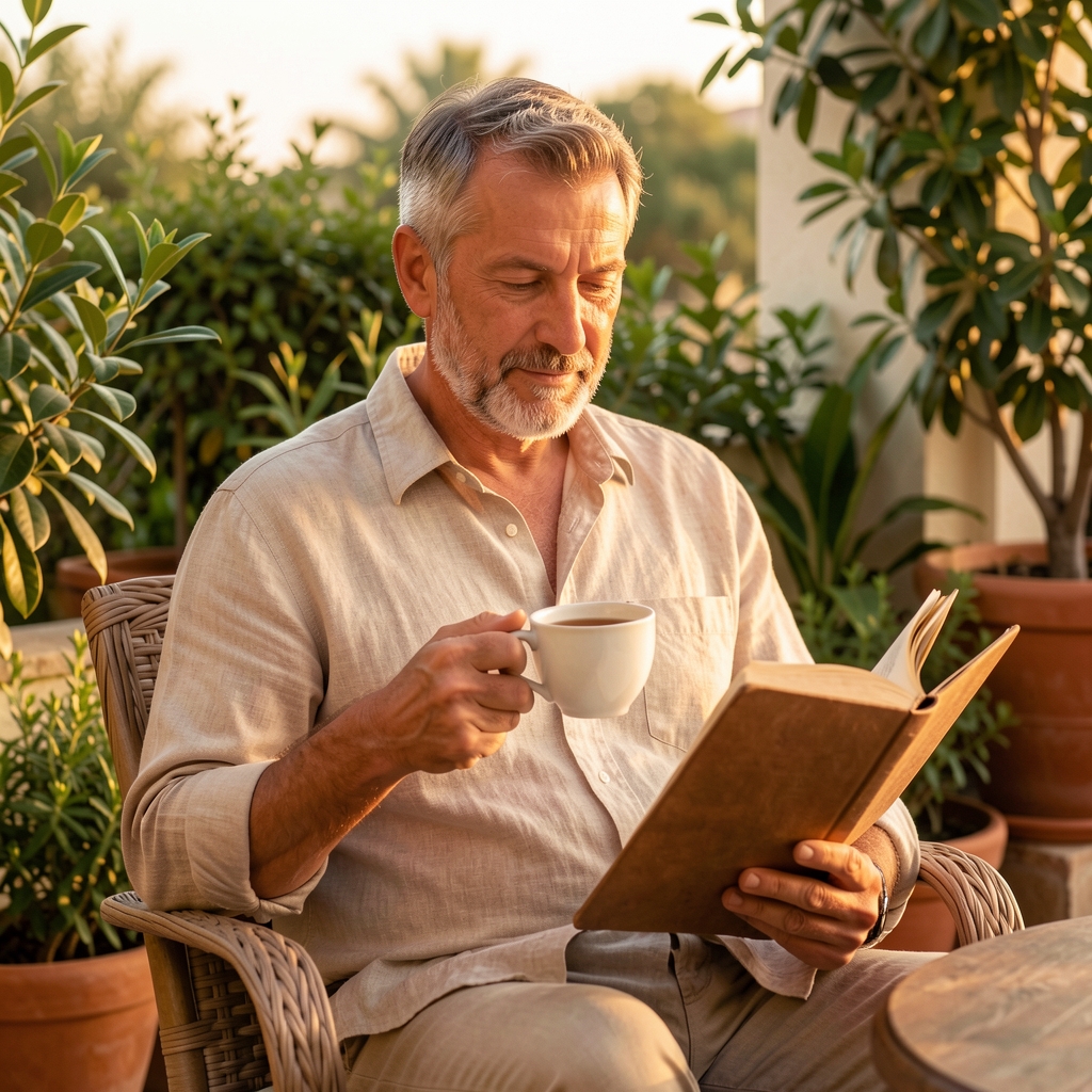 Hombre de unos 48 años con barba corta y camisa de lino beige, sentado en una terraza con plantas verdes alrededor, leyendo tranquilamente con una taza de té en la mano y luz de tarde cálida