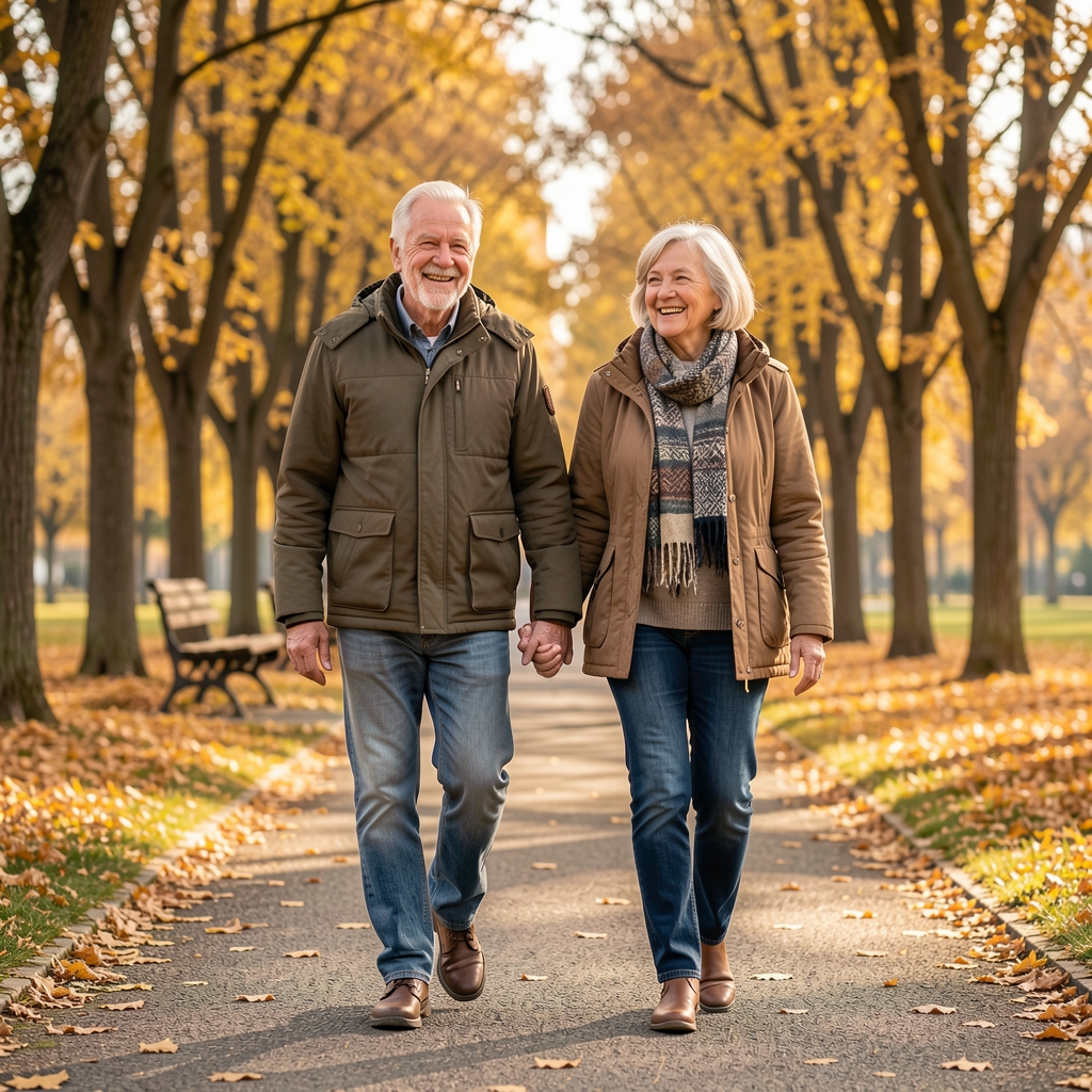 Pareja de adultos mayores de unos 60 años caminando de la mano por un sendero de parque rodeado de árboles con hojas doradas, ambos sonriendo y con ropa casual cómoda