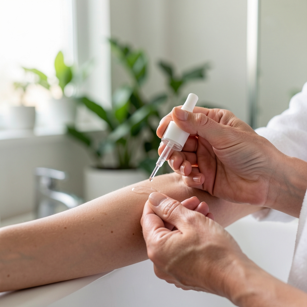 Detalle de manos femeninas de unos 40 años aplicando suero transparente sobre piel del antebrazo, fondo desenfocado de baño con plantas verdes y luz natural suave de ventana, ambiente relajante y minimalista